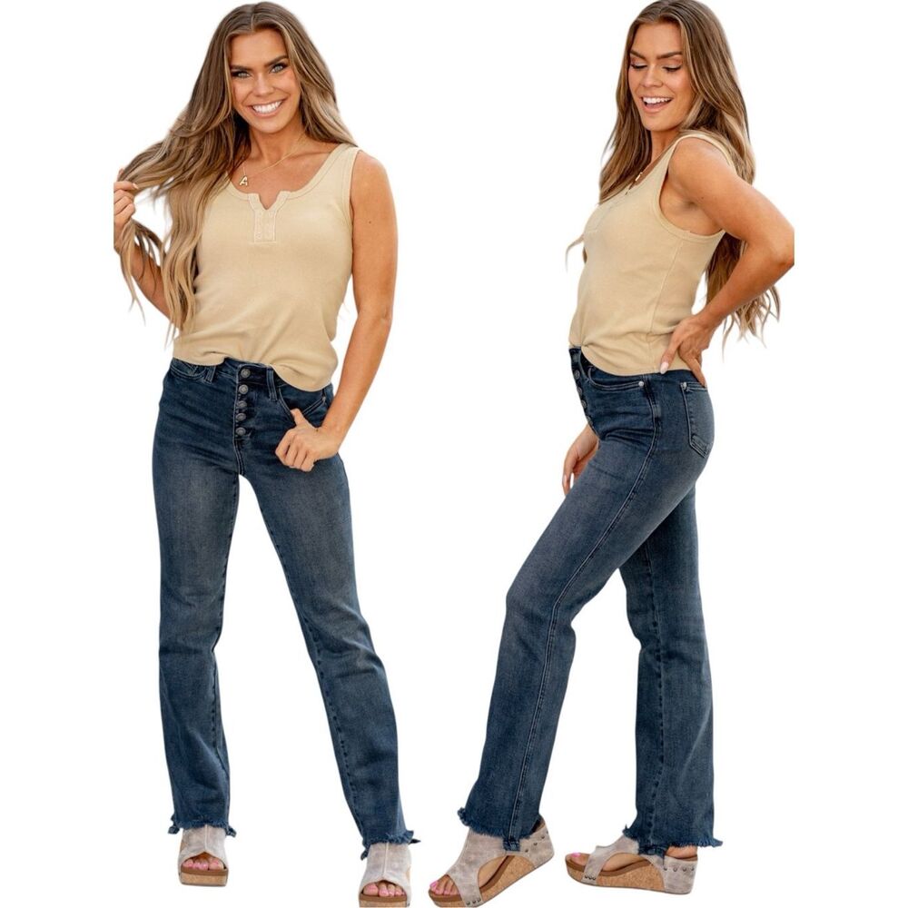 Judy Blue High Rise Button Fly Straight Leg Jeans Dark Wash Raw Hem Reg Plus NWT - Picture 8 of 10